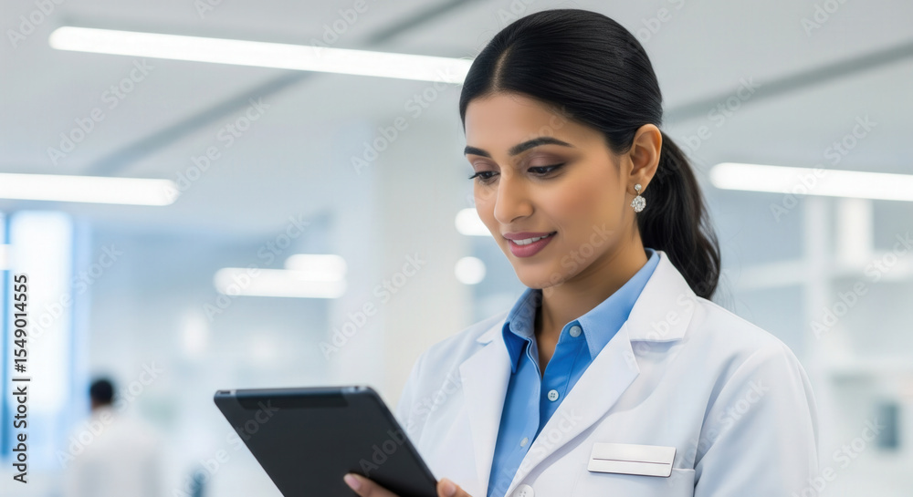 Woman scientist in laboratory using tablet to review progress reports, scroll through research, and monitor medical data. Woman scientist in laboratory using tablet to review progress reports, scroll through research, and monitor medical data.