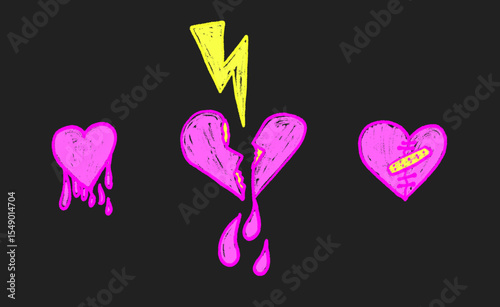 Broken hearts neon handdrawn set. Marker doodles isolated on dark background. Love naive elements. Vector heartbreak by pencil illustration.