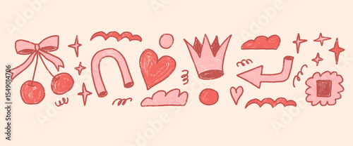 Crown, cherry, heart and geometric forms coquette elements. Crayon red and pink shapes set. Naive retro doodle figures on beige background. Vector girly style illustration by pencil.