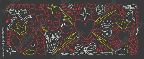 Devil and angels crayon drawn set. Punk breaking heart doodle background. Scribble grunge poster elements. Hearts, bows, clouds and sketch line art. Vector illustration by pencil on black background.