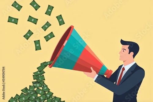 A professional man in formal attire holding a vibrant funnel, with cash pouring out into his palm.