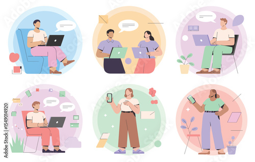 diverse people working remotely with digital devices in modern settings, representing online communication, collaboration, and freelancing