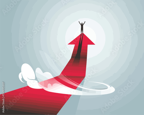 business success concept illustration of person standing on upward red arrow symbolizing achievement, growth, leadership, and victory