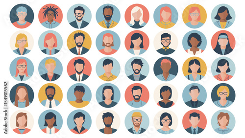 diverse multicultural avatar icons set representing various professions, ethnicities, and genders in modern circular design