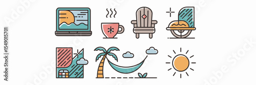 Vector icon sheet of digital nomad summer work essentials – Ideal for remote work, vacation branding, or lifestyle tech apps.