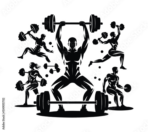 Fitness and weightlifting silhouette set, a vector collage of athletes with barbells and dumbbells for a gym club on white background