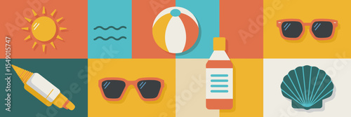 Flat illustration app icons of beach day essentials – Great for summer marketing kits, digital UI design, or seasonal app themes.
