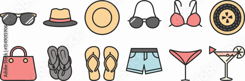 Vector icon set of summer fashion accessories including sunglasses and swimwear