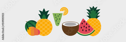 Minimalistic icon sheet of tropical drinks and fruits in circles – Great for clean packaging, wellness design, or tropical branding