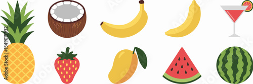 Icon sheet of tropical fruits and summer drinks – Great for food packaging, summer recipes, or nutrition infographics