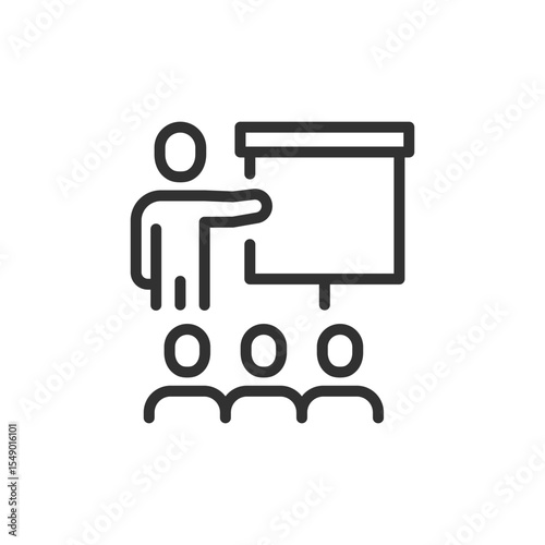 Instructor at board with group, linear icon. Training, education, and awareness. Line with editable stroke.