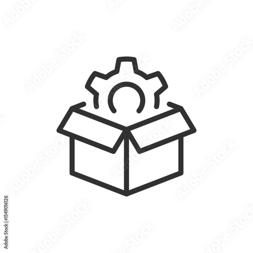 Box with gear, linear icon. Package with settings, configuration options. Line with editable stroke.