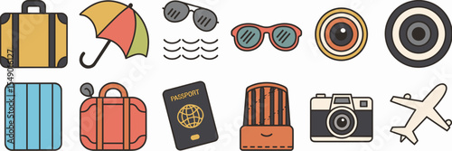 Travel and summer icons including luggage, plane, and umbrella – Ideal for itinerary tools, tourism visuals, or vacation booking content