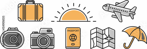 Icon sheet with travel essentials and summer symbols – Great for flight apps, itinerary templates, or vacation tips graphics