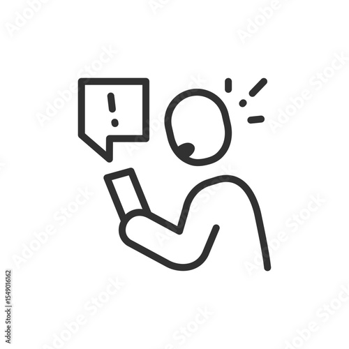 Person reacting to alert on smartphone, linear icon. Notification stress and overload. Line with editable stroke.