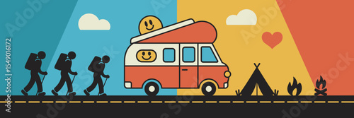 Vector icon sheet of campervan trip with silhouettes and nature icons – Great for travel storytelling, adventure marketing, or lifestyle content.