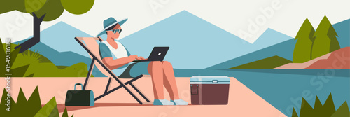 Vector illustration of digital nomad working by the water – Great for summer freelance concepts, productivity tools, or travel promotions.