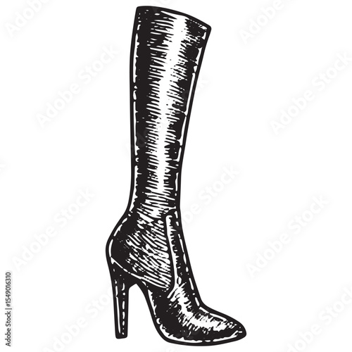 Stylish black-and-white illustration of tall boots, ideal for fashion sketches, featuring sleek design and vintage appeal for elegant outfits