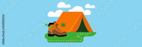 Camping and hiking app icon illustration with orange tent, brown hiking boot, green leaf details, and hiking trail on blue sky background – great for eco-friendly outdoor apps