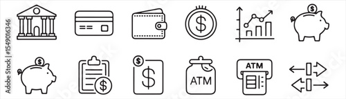 Finance line icon set. Vector pictograms of money, wallet, banking tools, currency symbols, investment chart, financial services, piggy bank, dollar thin linear illustration.