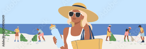 Eco-friendly summer lifestyle scene with beach cleanup – Ideal for environmental campaigns, volunteer recruitment, or educational content