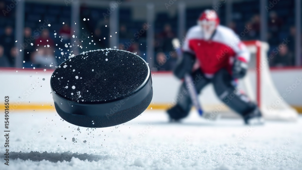 Fototapeta premium a hockey puck flies into the goalkeeper's net. hockey player wearing white and red uniform move on dark stadium background throws the puck to the foreground. copy space banner