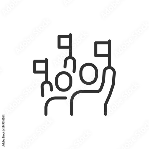 Group of people with flags, linear icon. Protest, demonstration, activism, or public movement. Line with editable stroke