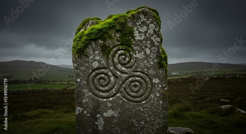Moss-Covered Triskele Stone: A Gaelic Symbol in the Irish Landscape