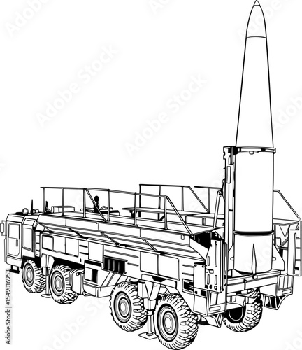 black and white vector illustration of a Short-Range Ballistic Missile  positioned upright on its mobile transporter-erector-launcher vehicle