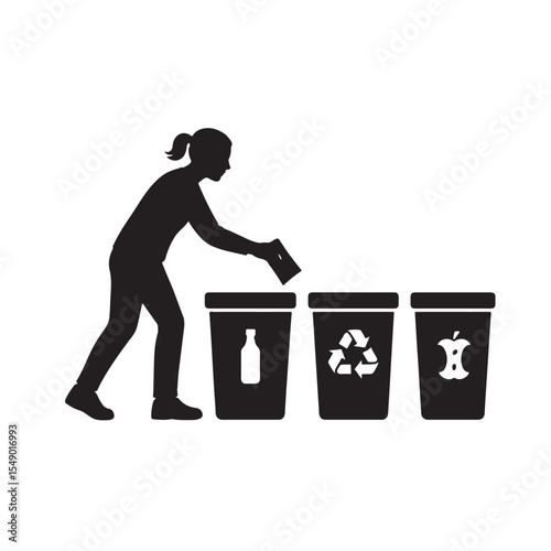 Waste Segregation Icon Woman Throwing Trash in Recycling Bin for Clean Environment