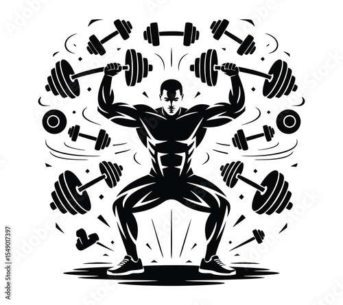 Bodybuilding and powerlifting collage, featuring a central on white background
