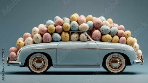 Vintage car overloaded with colorful speckled Easter eggs on a pastel background
