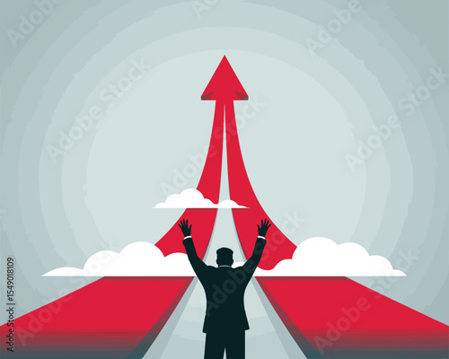 Confident businessman celebrating success as a red arrow soars upward in cloudy sky symbolizing growth, progress, and career achievement