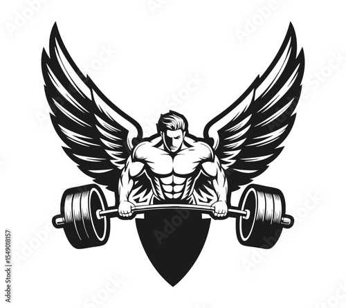 Fitness mascot of an angelic warrior lifting a barbell, a strong graphic for a training and bodybuilding brand on white background