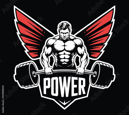 Vector emblem of a powerful winged bodybuilder, a monochrome mascot for a fitness club or sports team on white background