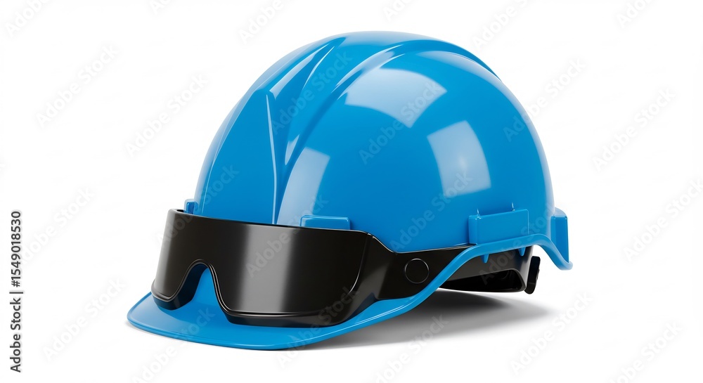 Fototapeta premium Brightly lit blue hard hat safety goggles protect worker. AI Generated
