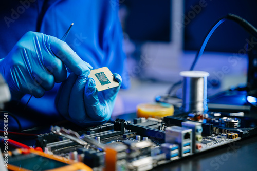 Technician with gloves installs CPU on motherboard using tools. High-tech computer repair, DIY hardware, and electronics maintenance
