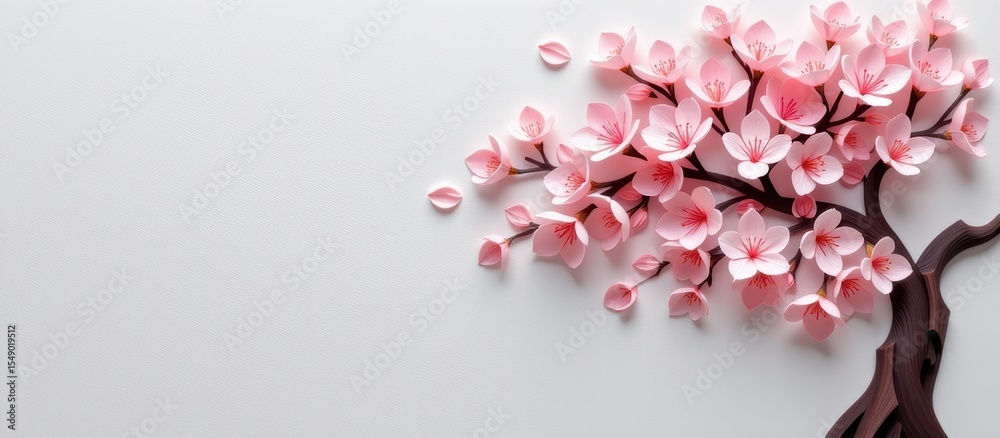 Fototapeta premium Paper cut art concept. Delicate paper cherry blossom tree on a light background.