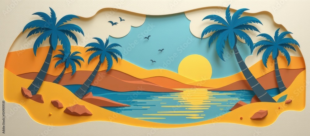 Obraz premium Paper cut art concept. Tropical landscape with palm trees and a sunset over the water.