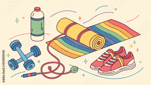 Fitness workout equipment vector illustration gym accessories yoga mat dumbbells shoes and water bottle