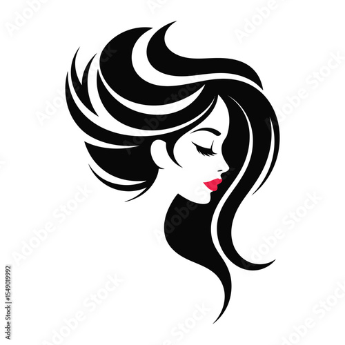 Black and White Woman Profile Red Lips Abstract Hair Style Logo Design face