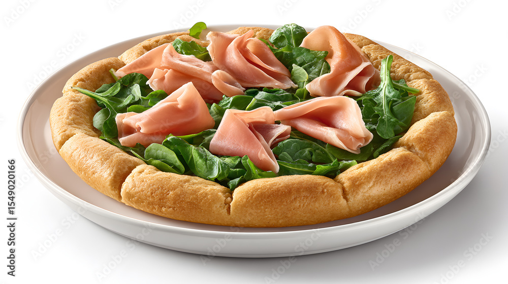 A freshly made pizza with prosciutto and fresh arugula leaves on a plate, ready to eat A freshly made pizza with prosciutto and fresh arugula leaves on a plate, ready to eat