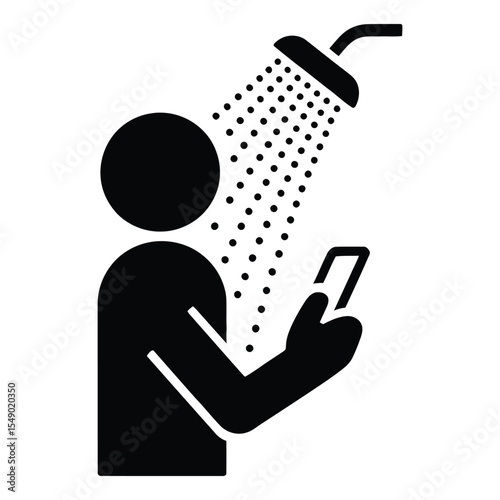 Black Silhouette Person Showering Using Smartphone Mobile Phone Device vector