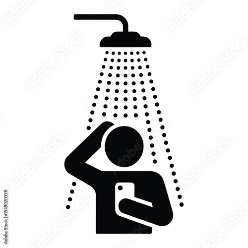 Black Silhouette Person Showering Holding Smartphone Water Drops Icon vector