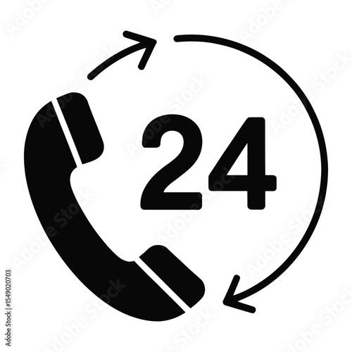 Black Telephone Icon with 24 Hour Support Circular Arrows 24 hours