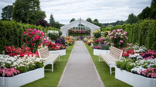 Fototapeta Naklejka Na Ścianę i Meble -  An idyllic garden setting with a variety of flowers bursting with color and benches arranged for perfect views of the botanical beauty. The layout encourages relaxation and contemplation, with plenty