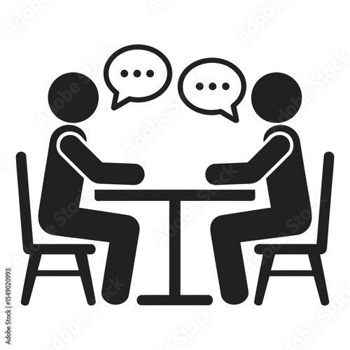 Two figures seated at small table conversing speech bubbles above conversation communication