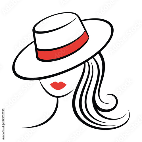 Woman Profile Red Lips White Hat Black Hair Line Art Minimalist Fashion Illustration