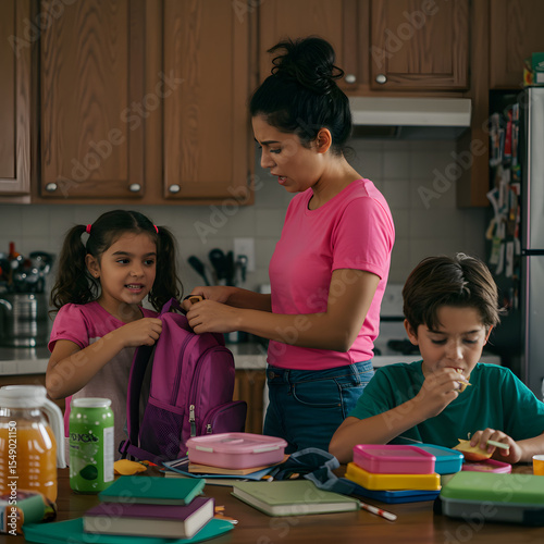A busy mom getting her kids ready for school