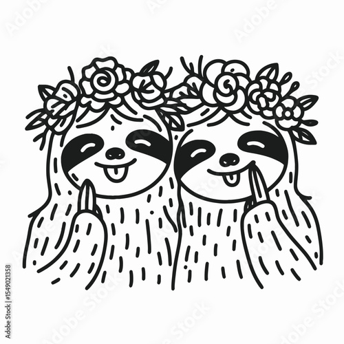 sloth couple wear flower crown Winking Face With Tongue. Valentine Love Romance Cupid February Clipart Line Art Vector Illustration. Slow duo blossom headband joking visage and protruding.